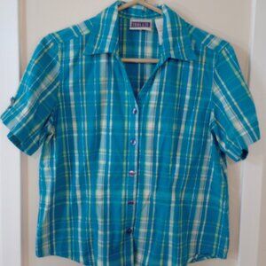 Erika & Co - Cotton Plaid Blouse, Short Sleeve, Medium, Turquoise White Yellow